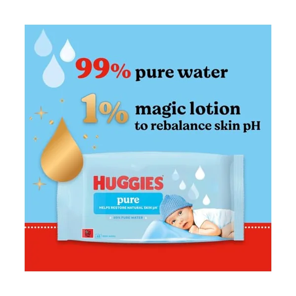 Huggies Pure Plastic Free Baby Wipes - Single Pack (48 Wipes) – 99% Water Wet Wipes, Fragrance Free, Hypoallergenic, Better Cleaning, Soft and Gentle on Babies' Delicate Skin
