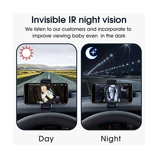 HUIOP Car Baby Monitor Wireless,WiFi Baby Car Monitor Wireless Monitor Camera for Baby Rear Facing Seat 360° Rotation Night Vision USB Powered Baby Car Mirror Camera