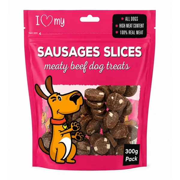 I Love My Pet Sausages Slices Meaty Beef Dog Treats 300g