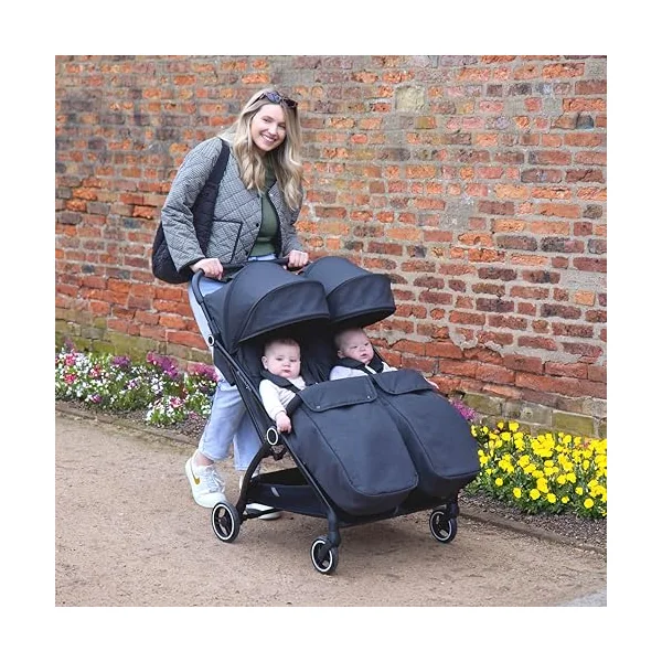 Ickle Bubba Aries Max Double Stroller, Side by Side Autofold (Graphite) | 10.5kg lightweight double Pushchair, Slim 69cm fits through doorways, one hand auto fold, birth-15kg per seat