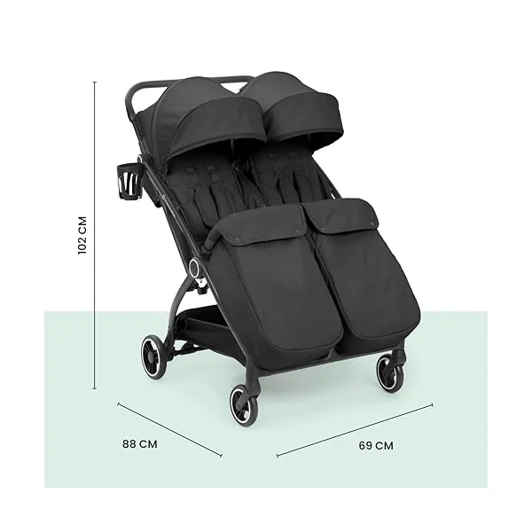 Ickle Bubba Aries Max Double Stroller, Side by Side Autofold (Graphite) | 10.5kg lightweight double Pushchair, Slim 69cm fits through doorways, one hand auto fold, birth-15kg per seat