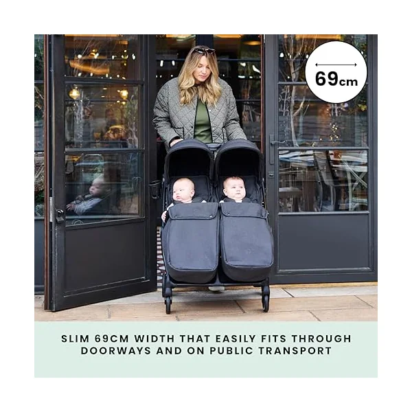 Ickle Bubba Aries Max Double Stroller, Side by Side Autofold (Graphite) | 10.5kg lightweight double Pushchair, Slim 69cm fits through doorways, one hand auto fold, birth-15kg per seat
