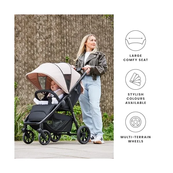 Ickle Bubba Stomp Stride Baby Stroller, Lightweight Travel Stroller & Pushchair with Extra Large Seat, Multi-Terrain EVA Wheels, UPF50+ Extendable Hood & Raincover, Birth to 22kg, Charcoal Grey