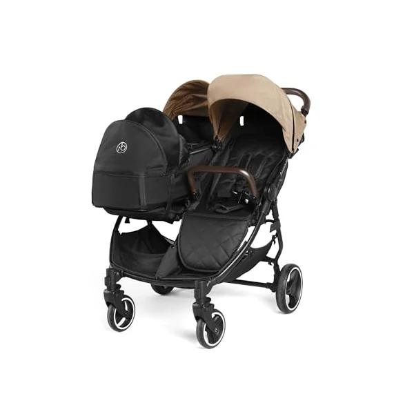 Ickle Bubba Venus Double Prime Stroller (Biscuit) | Lightweight Portable Double Pushchair | from 0 Months to 3 Years | UPF 50 Hood, Rain Cover, 2 footwarmers & Newborn Cocoon