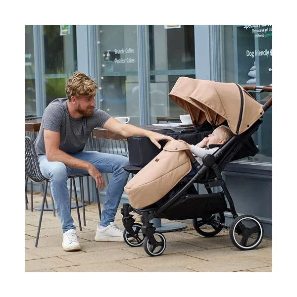 Ickle Bubba Venus Double Prime Stroller (Biscuit) | Lightweight Portable Double Pushchair | from 0 Months to 3 Years | UPF 50 Hood, Rain Cover, 2 footwarmers & Newborn Cocoon