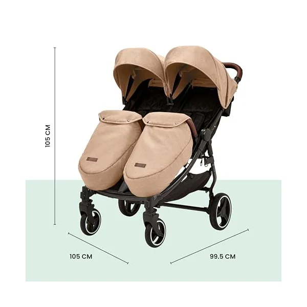 Ickle Bubba Venus Double Prime Stroller (Biscuit) | Lightweight Portable Double Pushchair | from 0 Months to 3 Years | UPF 50 Hood, Rain Cover, 2 footwarmers & Newborn Cocoon