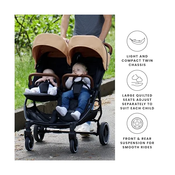 Ickle Bubba Venus Double Prime Stroller (Biscuit) | Lightweight Portable Double Pushchair | from 0 Months to 3 Years | UPF 50 Hood, Rain Cover, 2 footwarmers & Newborn Cocoon