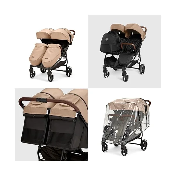 Ickle Bubba Venus Double Prime Stroller (Biscuit) | Lightweight Portable Double Pushchair | from 0 Months to 3 Years | UPF 50 Hood, Rain Cover, 2 footwarmers & Newborn Cocoon