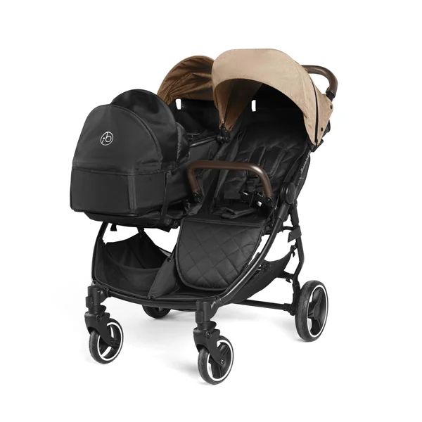 Ickle Bubba Venus Double Prime Stroller (Biscuit) | Lightweight Portable Double Pushchair | from 0 Months to 3 Years | UPF 50 Hood, Rain Cover, 2 footwarmers & Newborn Cocoon