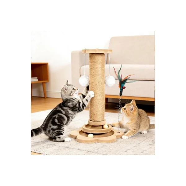 Indoor Cat Scratching Post 50cm Tall Sisal Scratch Pole with Pine Base Interactive Feather and Game Balls