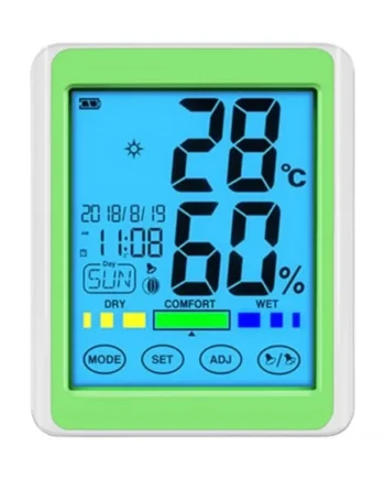 Indoor Digital Thermometer Hygrometer with Touch Screen and Time, LCD Temperature Humidity Gauge for Room Baby Greenhouse, Magnetic Back and Foldable Stand, 10C to 50C(Green)
