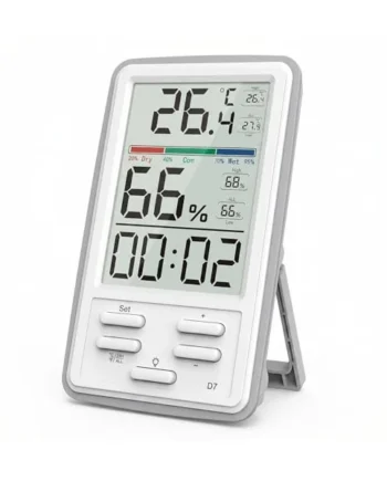 Indoor & Garden Digital Thermometer Hygrometer with Clock, Max Min Memory, Cosy Comfort Indicator, Backlight, ℃/℉ Switch, Magnetic & Desk Mount for Conservatory, Greenhouse, Bedroom & Plant Room (D7)