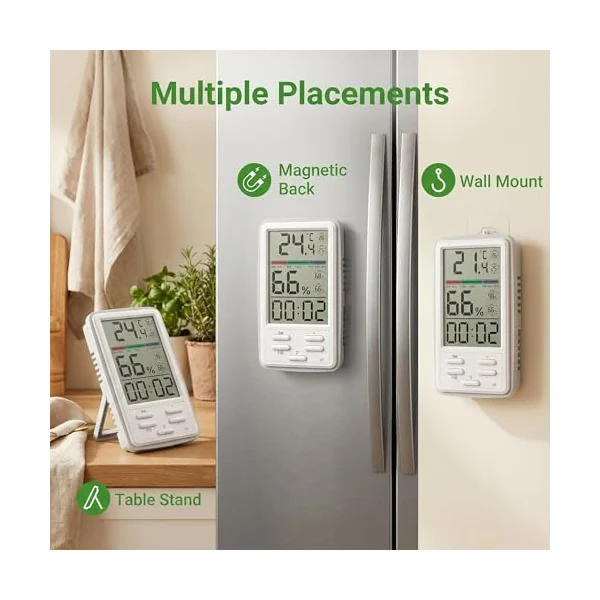 Indoor & Garden Digital Thermometer Hygrometer with Clock, Max Min Memory, Cosy Comfort Indicator, Backlight, ℃/℉ Switch, Magnetic & Desk Mount for Conservatory, Greenhouse, Bedroom & Plant Room (D7)