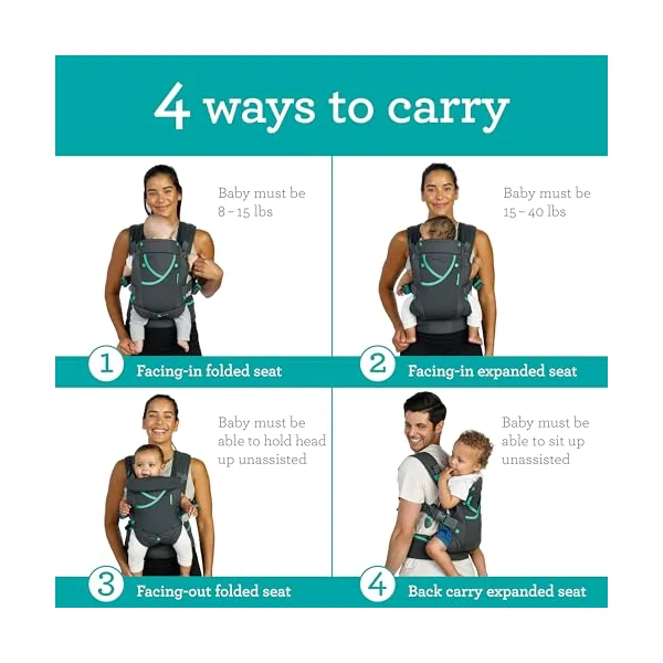 Infantino Carry On Active Baby Carrier, Ergonomic Multi-Pocket Baby Carrier for Newborn to Toddler 3.63-18.14kg with Padded Straps, Lumbar Belt Storage, Registry Essential, Grey