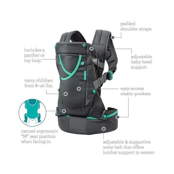 Infantino Carry On Active Baby Carrier, Ergonomic Multi-Pocket Baby Carrier for Newborn to Toddler 3.63-18.14kg with Padded Straps, Lumbar Belt Storage, Registry Essential, Grey