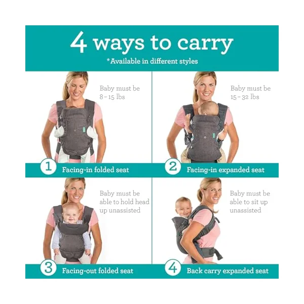 Infantino Flip Advanced 4-in-1 Baby Carrier - Ergonomic, Convertible, Face-in and Face-Out Front and Back Baby Carrier for Newborn to Toddler 3,6-14,5kg, Grey with Bib