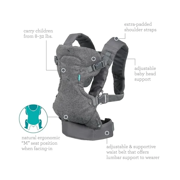 Infantino Flip Advanced 4-in-1 Baby Carrier - Ergonomic, Convertible, Face-in and Face-Out Front and Back Baby Carrier for Newborn to Toddler 3,6-14,5kg, Grey with Bib