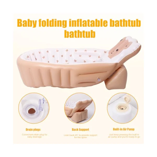 Inflatable Baby Bathtub with Built in Pump, Portable Toddler Travel Bath Tub, Ergonomic Collapsible Safe Baby Bathtub with High Back Support, PVC Non-Slip Mini Air Swimming Pool for Newborn