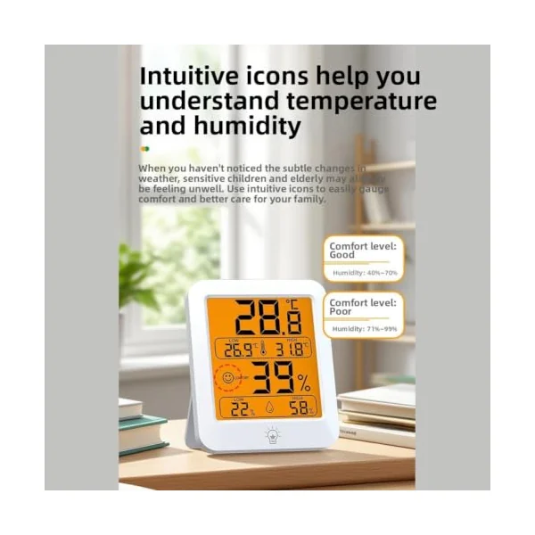 Intelligent Temperature and Humidity Meter with Backlit Display, Magnetic Wall-Mount Design for Baby Room, Bedroom, Nursery; Accurate ±1°C/±5% For RH Sensor
