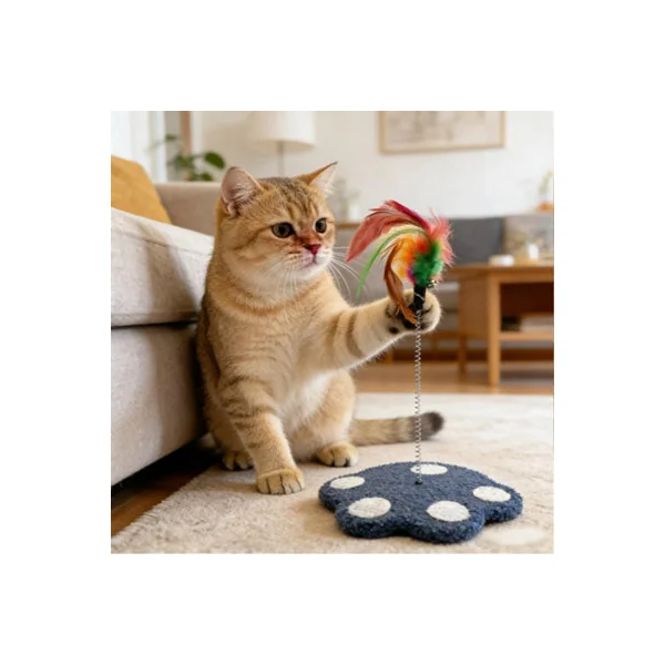 Interactive Cat Feather Teaser Toy Weighted Plush Paw Base Bell Removable Feather Wand for Indoor Cats