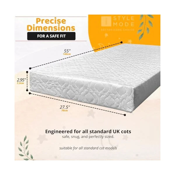 iSTYLE MODE BETTER HOME CHOICE 140x70x7.5cm Baby Toddler Cot Bed Foam Mattress Fully Breathable & Waterproof Zipped Removable Washable Cover, Anti Allergy, White