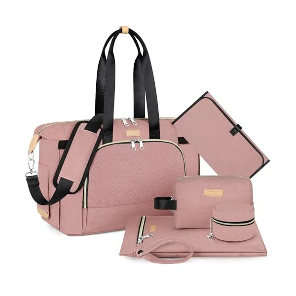 ITIEZY Baby Diaper Bag - Large Mom Bag with Portable Changing Mat, Pacifier Bag, Hospital Bag, Travel Baby Bag, A5 Pink 7 Pack, Medium