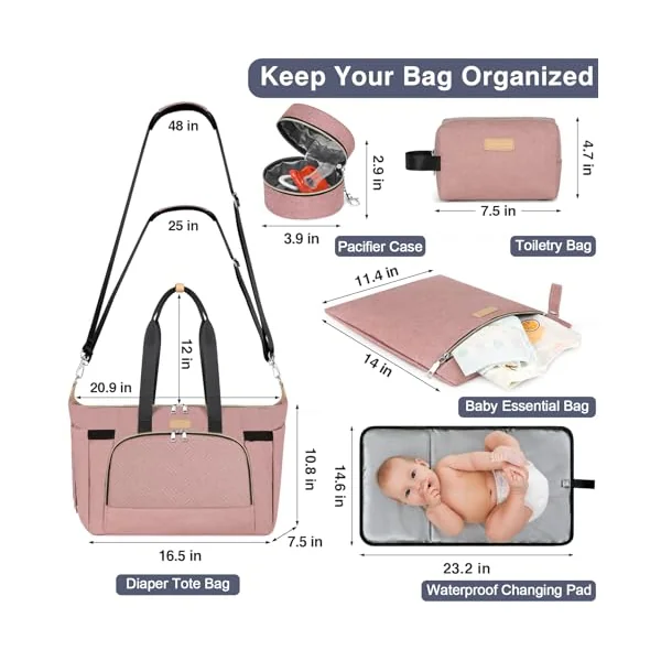 ITIEZY Baby Diaper Bag - Large Mom Bag with Portable Changing Mat, Pacifier Bag, Hospital Bag, Travel Baby Bag, A5 Pink 7 Pack, Medium