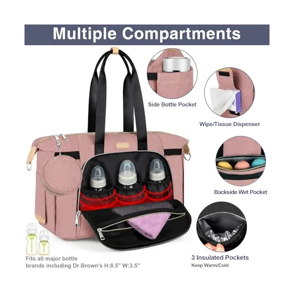 ITIEZY Baby Diaper Bag - Large Mom Bag with Portable Changing Mat, Pacifier Bag, Hospital Bag, Travel Baby Bag, A5 Pink 7 Pack, Medium