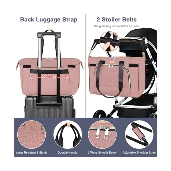 ITIEZY Baby Diaper Bag - Large Mom Bag with Portable Changing Mat, Pacifier Bag, Hospital Bag, Travel Baby Bag, A5 Pink 7 Pack, Medium