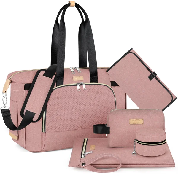 ITIEZY Baby Diaper Bag - Large Mom Bag with Portable Changing Mat, Pacifier Bag, Hospital Bag, Travel Baby Bag, A5 Pink 7 Pack, Medium