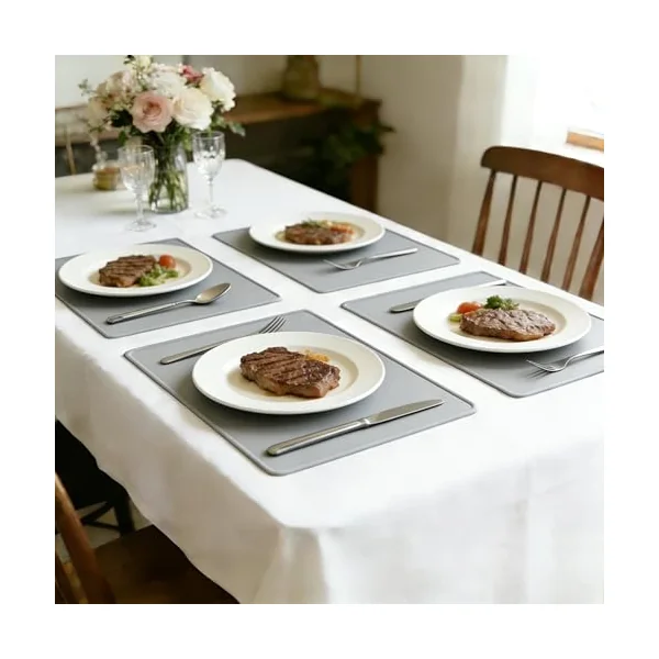 IYYI Silicone Placemats, Dining Placemats Set of 4, Waterproof Placemats for Kids, Heat Resistant Non-Slip Silicone Mats for Dinner Table, Dishwasher Safe (Light Gray)