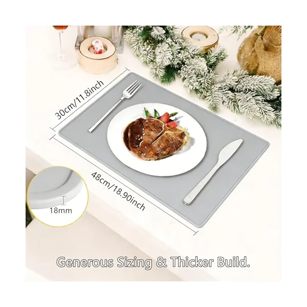 IYYI Silicone Placemats, Dining Placemats Set of 4, Waterproof Placemats for Kids, Heat Resistant Non-Slip Silicone Mats for Dinner Table, Dishwasher Safe (Light Gray)
