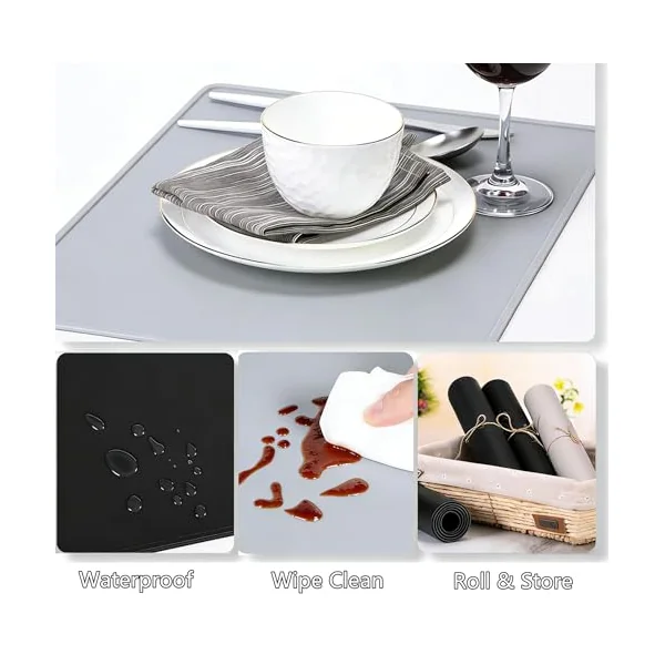 IYYI Silicone Placemats, Dining Placemats Set of 4, Waterproof Placemats for Kids, Heat Resistant Non-Slip Silicone Mats for Dinner Table, Dishwasher Safe (Light Gray)