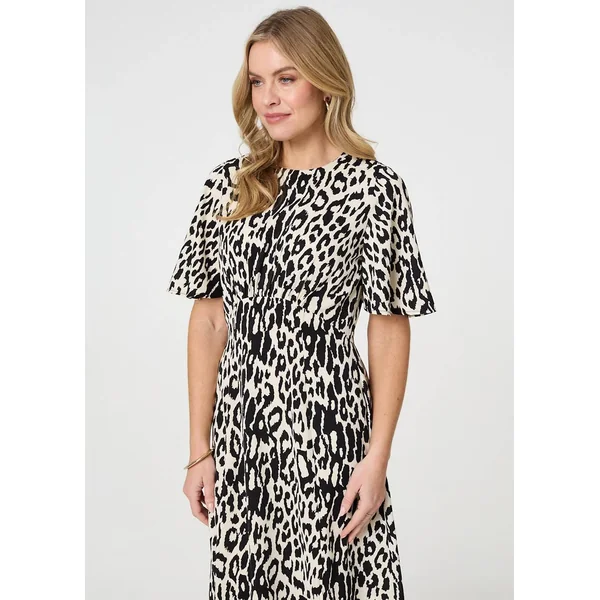 Izabel London Black Animal Print Flare Midi Dress