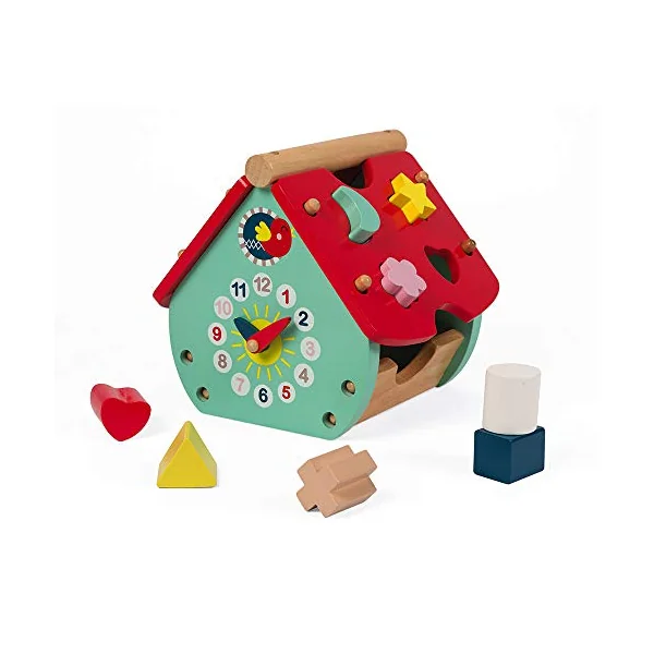Janod - Baby Forest Wooden Shape Sorter House - Building Blocks - Early Years and Learning Toys - Learning Colours and Fine Motor Skills - from 18 Months Old, J08008