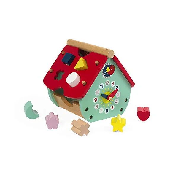 Janod - Baby Forest Wooden Shape Sorter House - Building Blocks - Early Years and Learning Toys - Learning Colours and Fine Motor Skills - from 18 Months Old, J08008