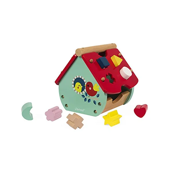 Janod - Baby Forest Wooden Shape Sorter House - Building Blocks - Early Years and Learning Toys - Learning Colours and Fine Motor Skills - from 18 Months Old, J08008