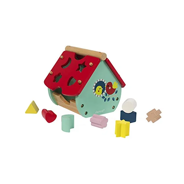 Janod - Baby Forest Wooden Shape Sorter House - Building Blocks - Early Years and Learning Toys - Learning Colours and Fine Motor Skills - from 18 Months Old, J08008