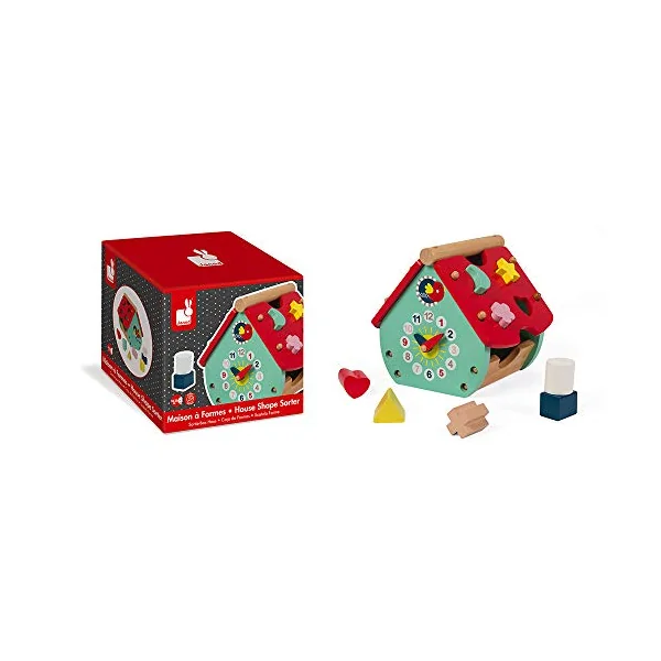 Janod - Baby Forest Wooden Shape Sorter House - Building Blocks - Early Years and Learning Toys - Learning Colours and Fine Motor Skills - from 18 Months Old, J08008