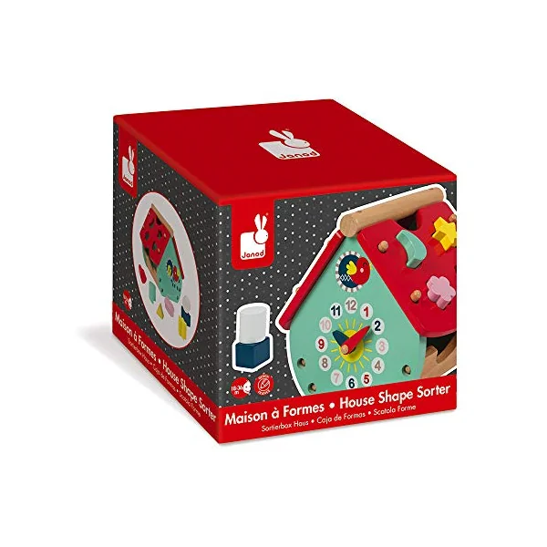 Janod - Baby Forest Wooden Shape Sorter House - Building Blocks - Early Years and Learning Toys - Learning Colours and Fine Motor Skills - from 18 Months Old, J08008