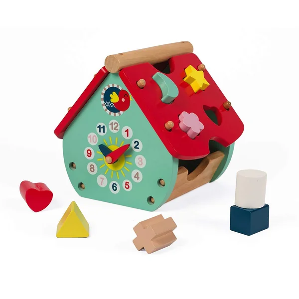 Janod - Baby Forest Wooden Shape Sorter House - Building Blocks - Early Years and Learning Toys - Learning Colours and Fine Motor Skills - from 18 Months Old, J08008