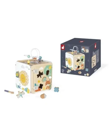 Janod - Large Wooden Multi-Activity Cube - 8 Activities for Children and Babies - Early Learning Toy - Fine Motor Skills Development - Wooden Toy - From 18 Months