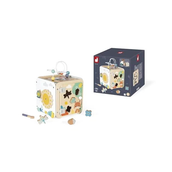 Janod - Large Wooden Multi-Activity Cube - 8 Activities for Children and Babies - Early Learning Toy - Fine Motor Skills Development - Wooden Toy - From 18 Months