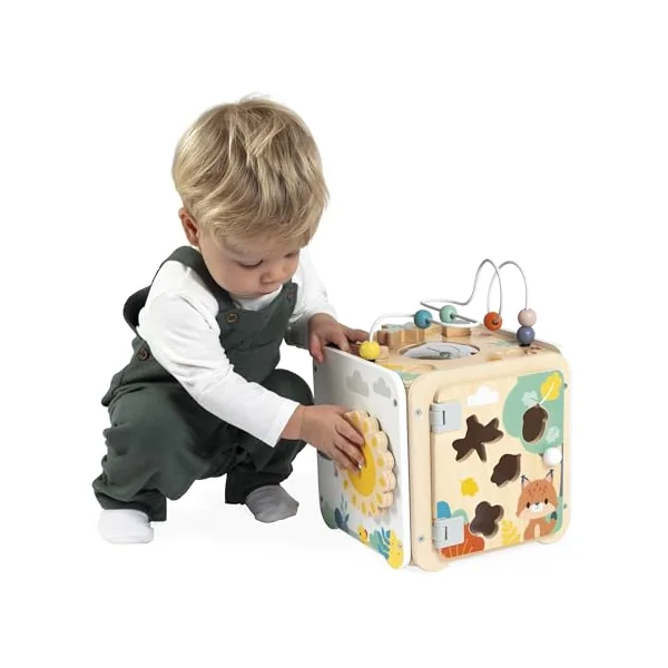 Janod - Large Wooden Multi-Activity Cube - 8 Activities for Children and Babies - Early Learning Toy - Fine Motor Skills Development - Wooden Toy - From 18 Months