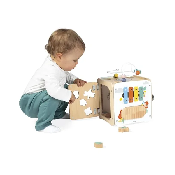 Janod - Large Wooden Multi-Activity Cube - 8 Activities for Children and Babies - Early Learning Toy - Fine Motor Skills Development - Wooden Toy - From 18 Months
