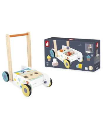 Janod - Wooden Baby and Child Walking Trolley From 12 months - 18 Wooden Pieces Included + Shape Sorting Box - Silent Wheels + Brake System - From 1 year