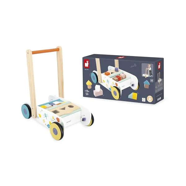 Janod - Wooden Baby and Child Walking Trolley From 12 months - 18 Wooden Pieces Included + Shape Sorting Box - Silent Wheels + Brake System - From 1 year