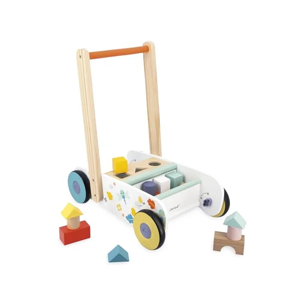 Janod - Wooden Baby and Child Walking Trolley From 12 months - 18 Wooden Pieces Included + Shape Sorting Box - Silent Wheels + Brake System - From 1 year