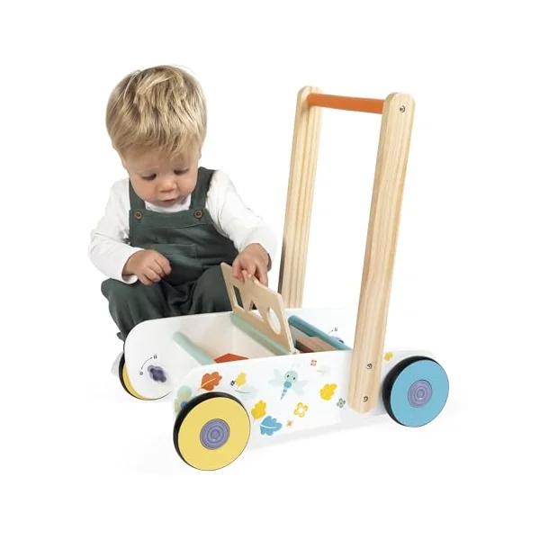 Janod - Wooden Baby and Child Walking Trolley From 12 months - 18 Wooden Pieces Included + Shape Sorting Box - Silent Wheels + Brake System - From 1 year