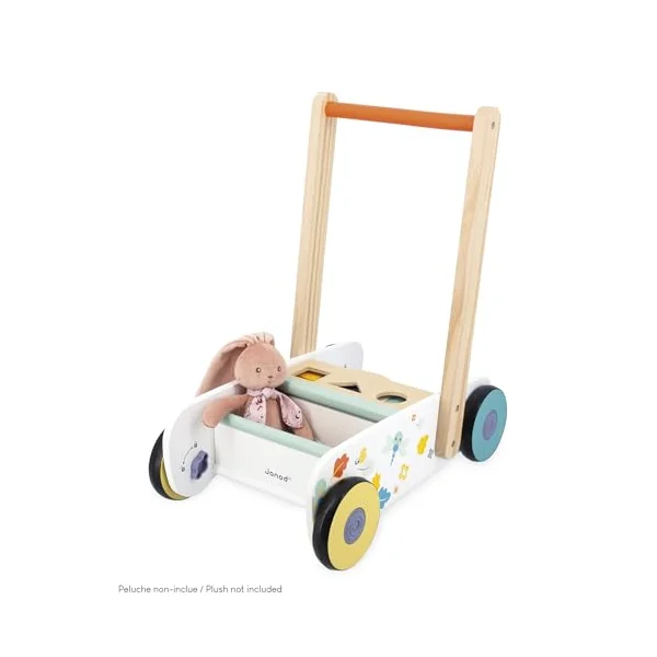 Janod - Wooden Baby and Child Walking Trolley From 12 months - 18 Wooden Pieces Included + Shape Sorting Box - Silent Wheels + Brake System - From 1 year